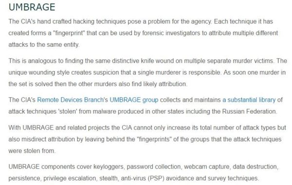 Umbrage: The screenshot above from Wikileaks Vault 7 discusses CIA's techniques that can be used to frame other entities for a malware attack.