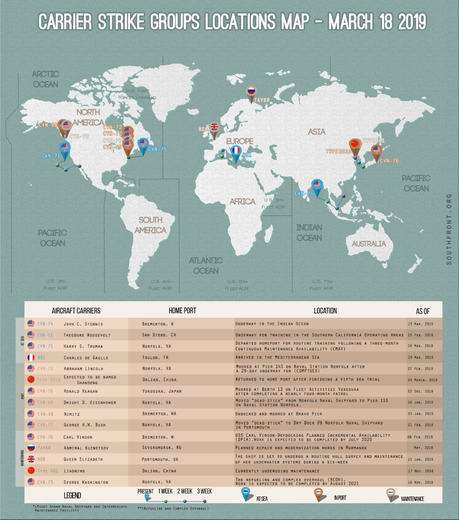SouthFront: Locations Of US, British, Chinese And Russian Aircraft Carriers – March 18, 2019