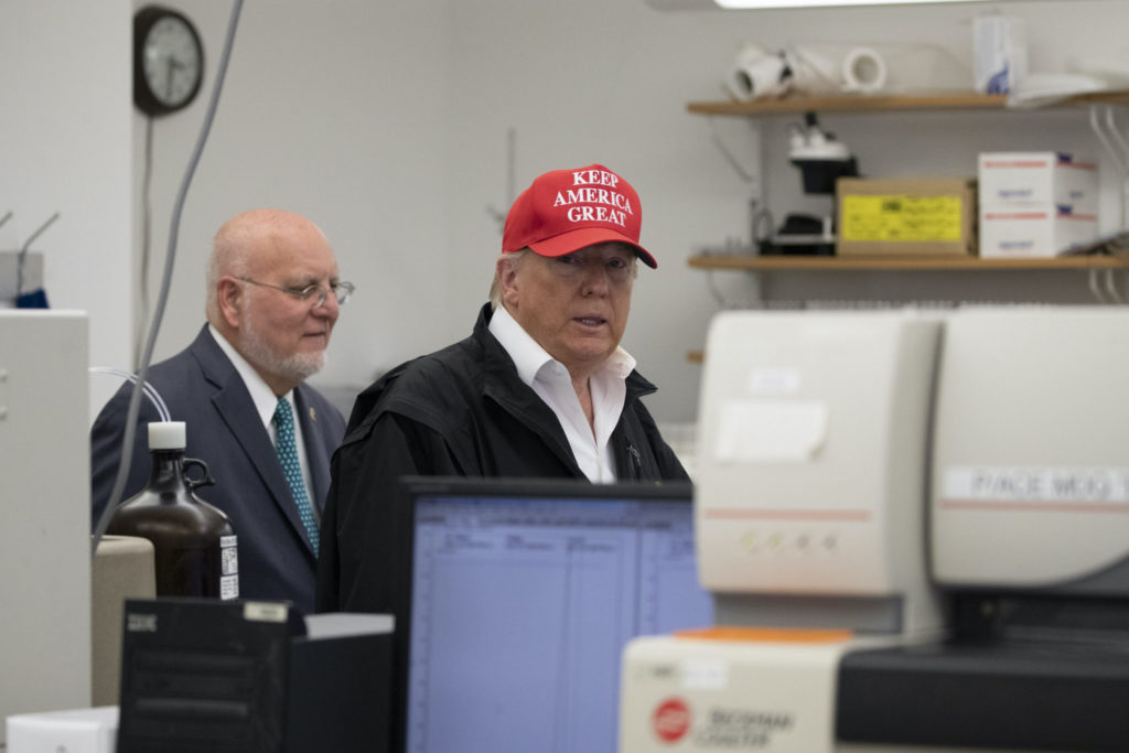 resident Trump arrives after a meeting with Associate Director for Laboratory Science and Safety Steve Monroe, about the coronavirus, at Center for Disease Control and Prevention (Photo Credit: AP/Alex Brandon)